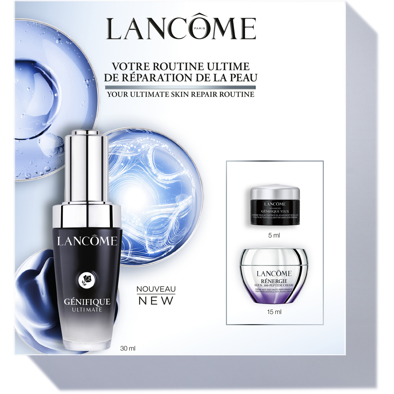 Lancôme Génifique Routine Set 2025: Génifique Ultimate Serum 30ml, Advanved Génifique Eye Cream 5ml & Rénergie H.P.N. 300- Peptide Cream 15ml