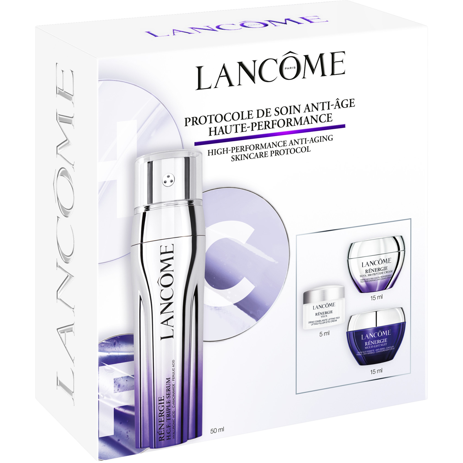 Lancôme Rénergie H.C.F. Triple Serum Face Routine Set 2025: Rénergie H.C.F. Triple Serum 50ml, Rénergie H.P.N. 300-Peptide Cream 15ml, Rénergie Night Cream 15ml & Rénergie Eye Cream 5ml